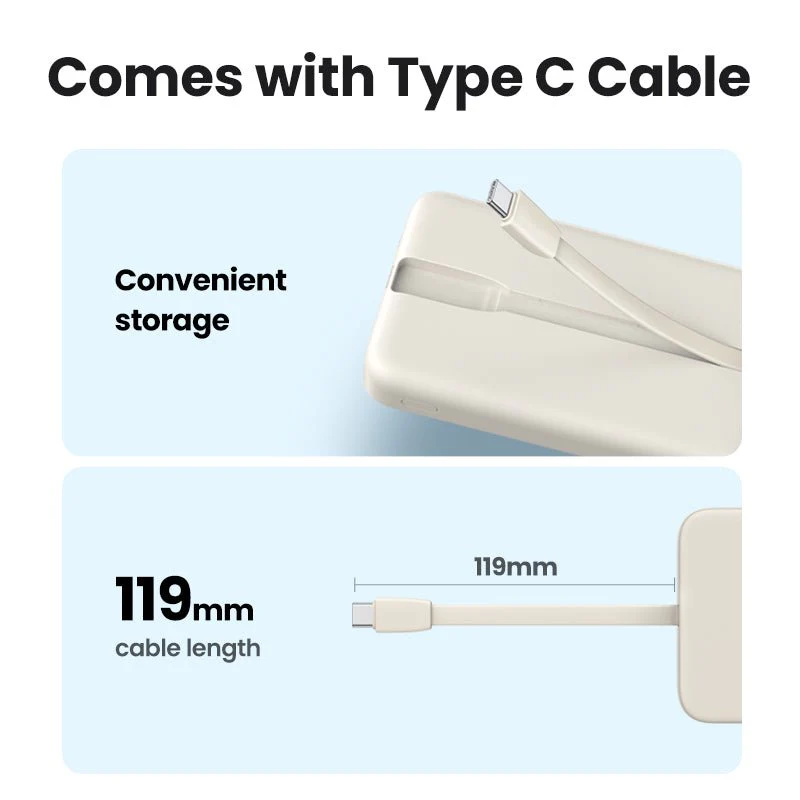 UGREEN Power Bank with Integrated USB-C Cable (10000mAh, 20W PD) - Image 3