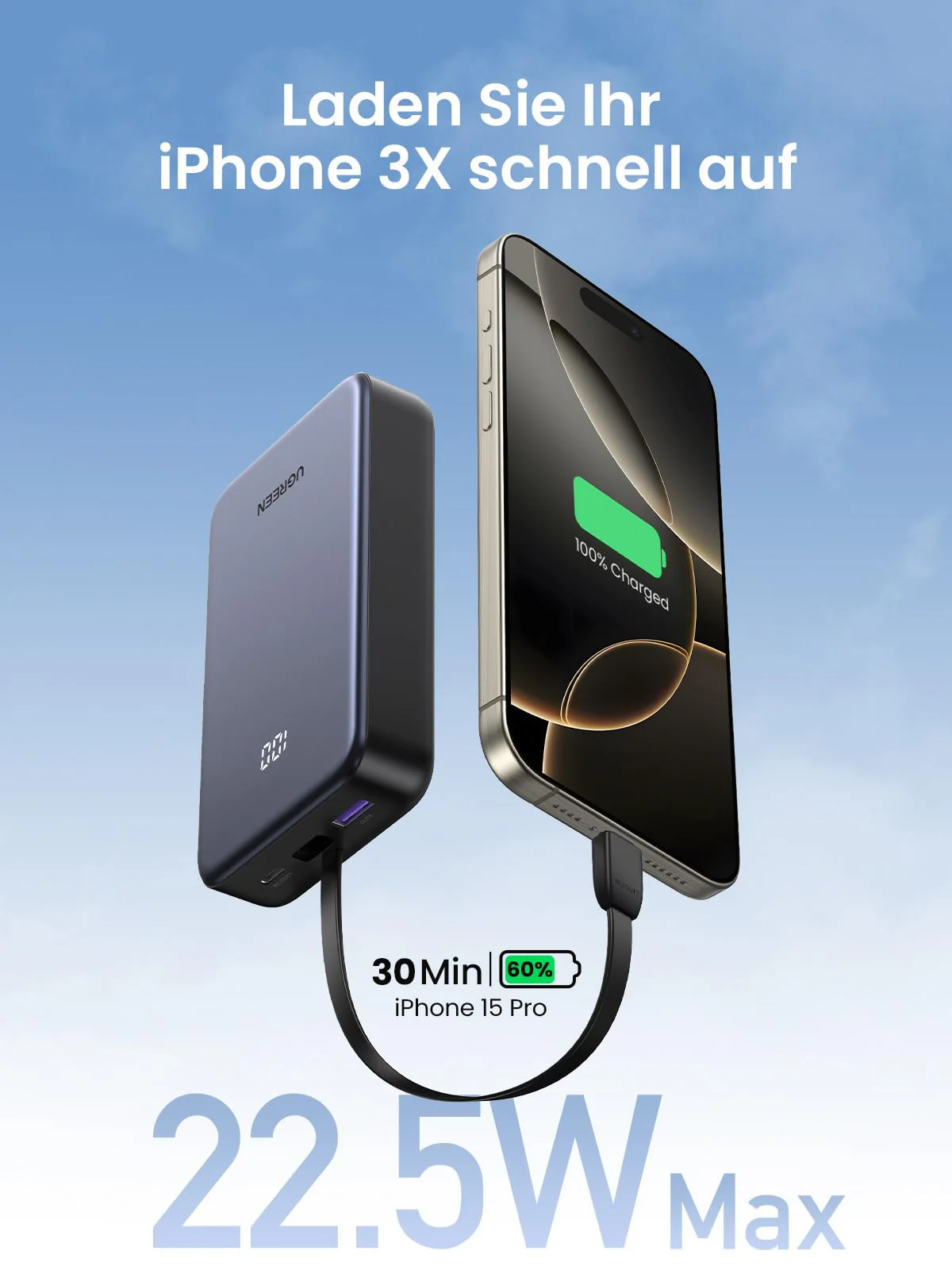 UGREEN 20000mAh 22.5W Power Bank with USB-C Cable - Image 4