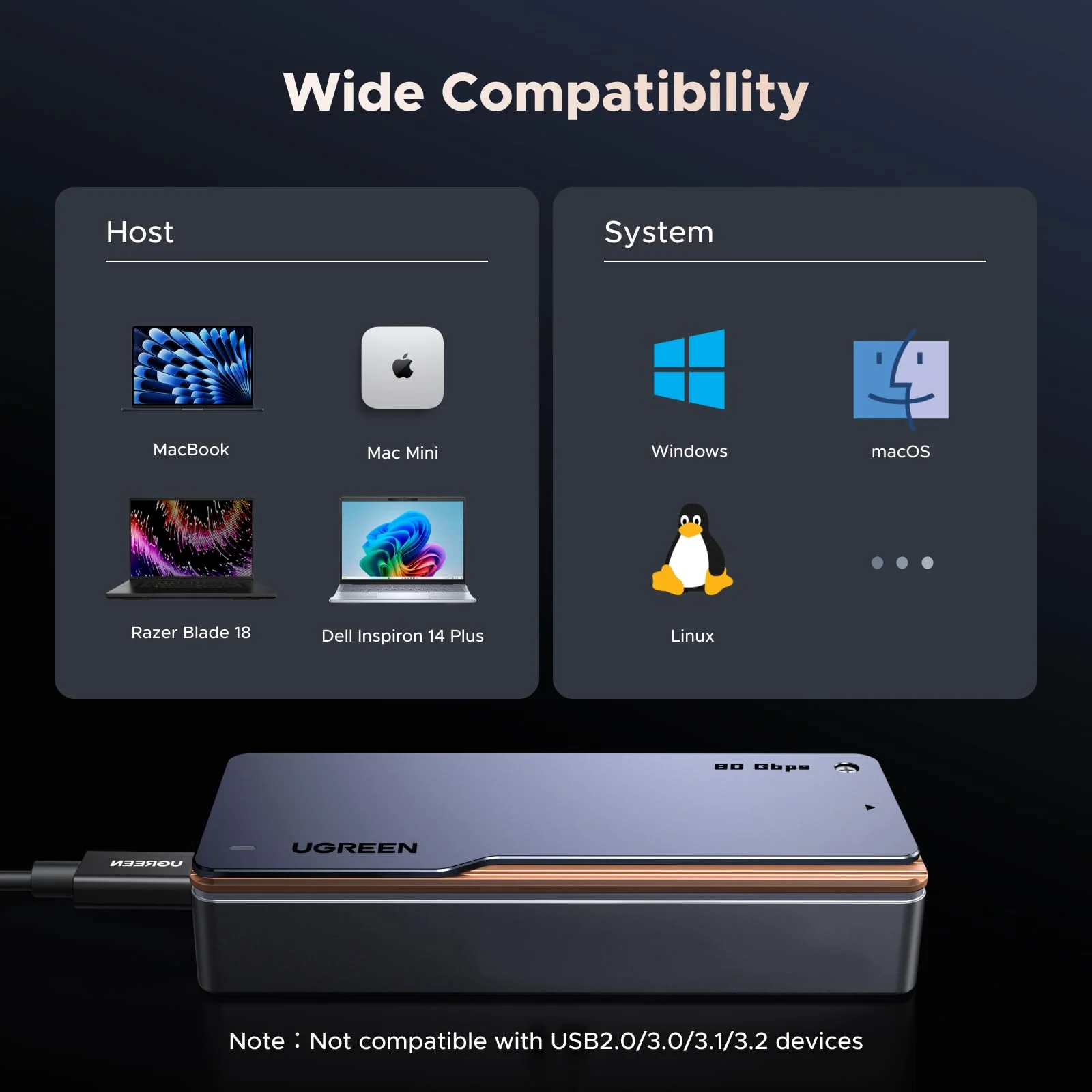 UGREEN 80Gbps M.2 NVMe SSD Enclosure with Thunderbolt 5/4 and USB 4 - Image 8