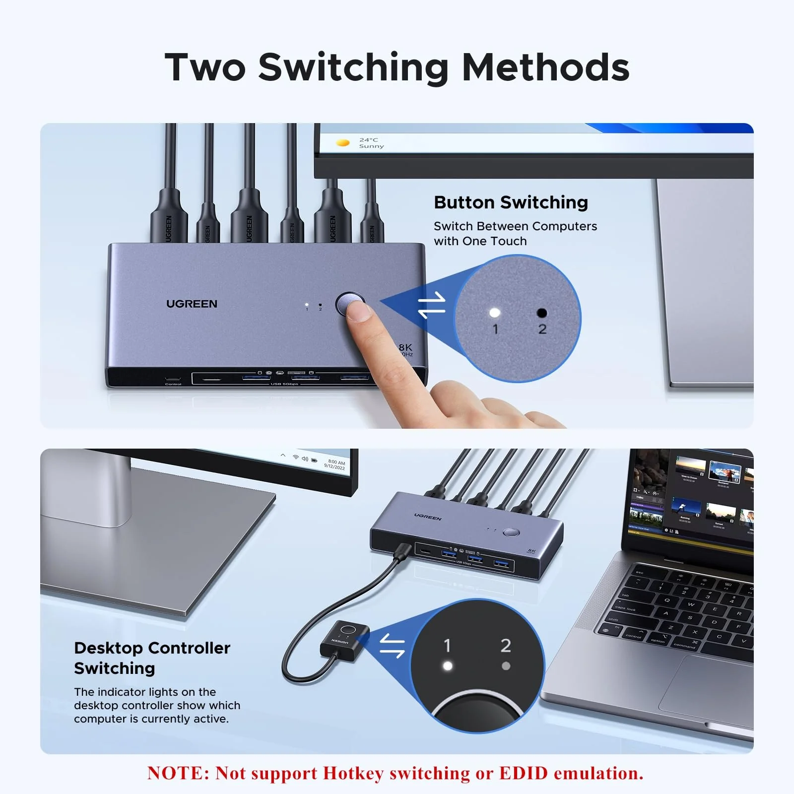 UGREEN DisplayPort KVM Switch 2 PCs 1 Monitor (DP 1.4, 8K@60Hz, 4 USB 3.0 Ports) - Image 5