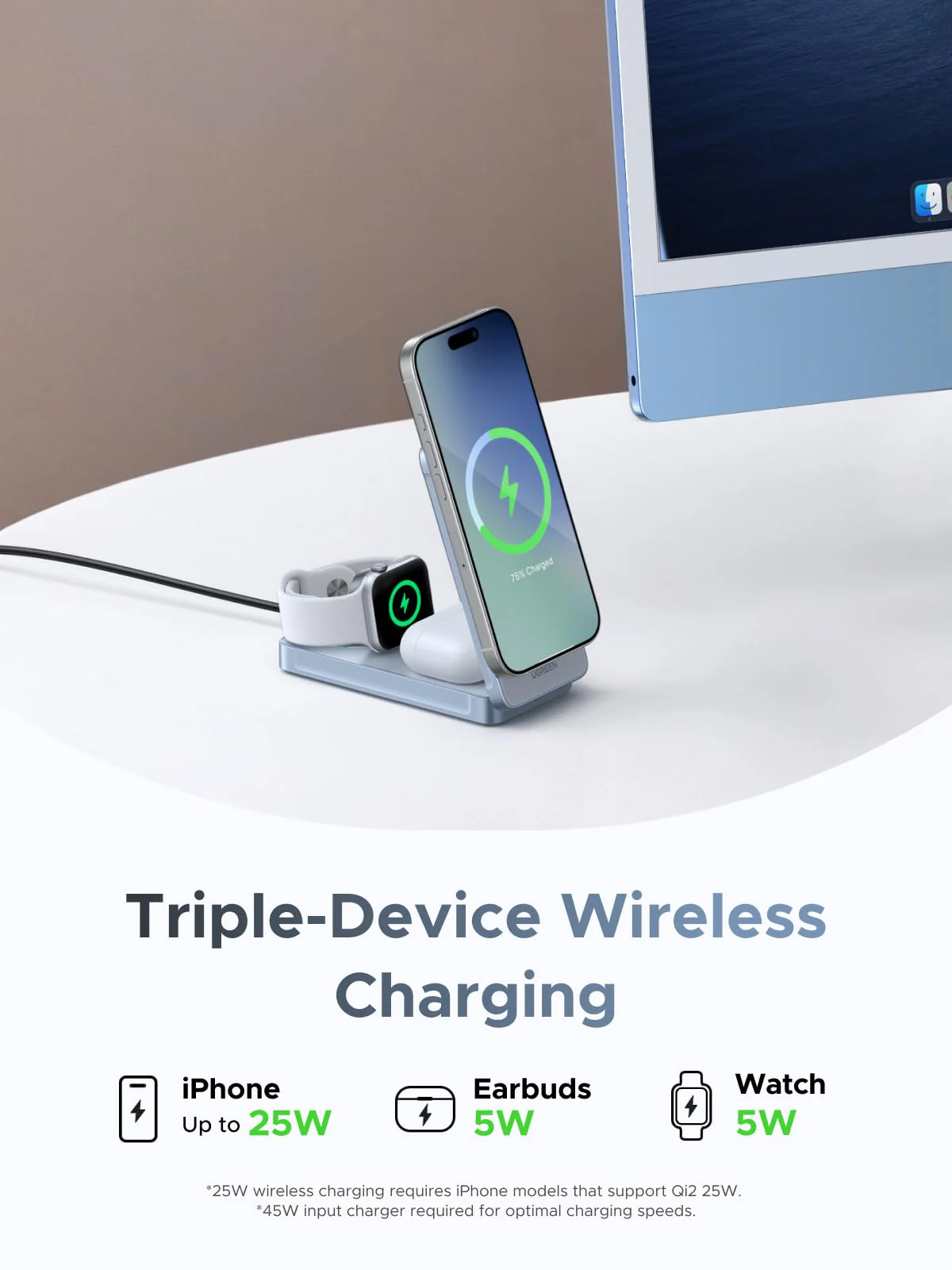 UGREEN MagFlow 3-in-1 Magnetic Wireless Charger (Qi2 25W, MagSafe-Compatible) - Image 3