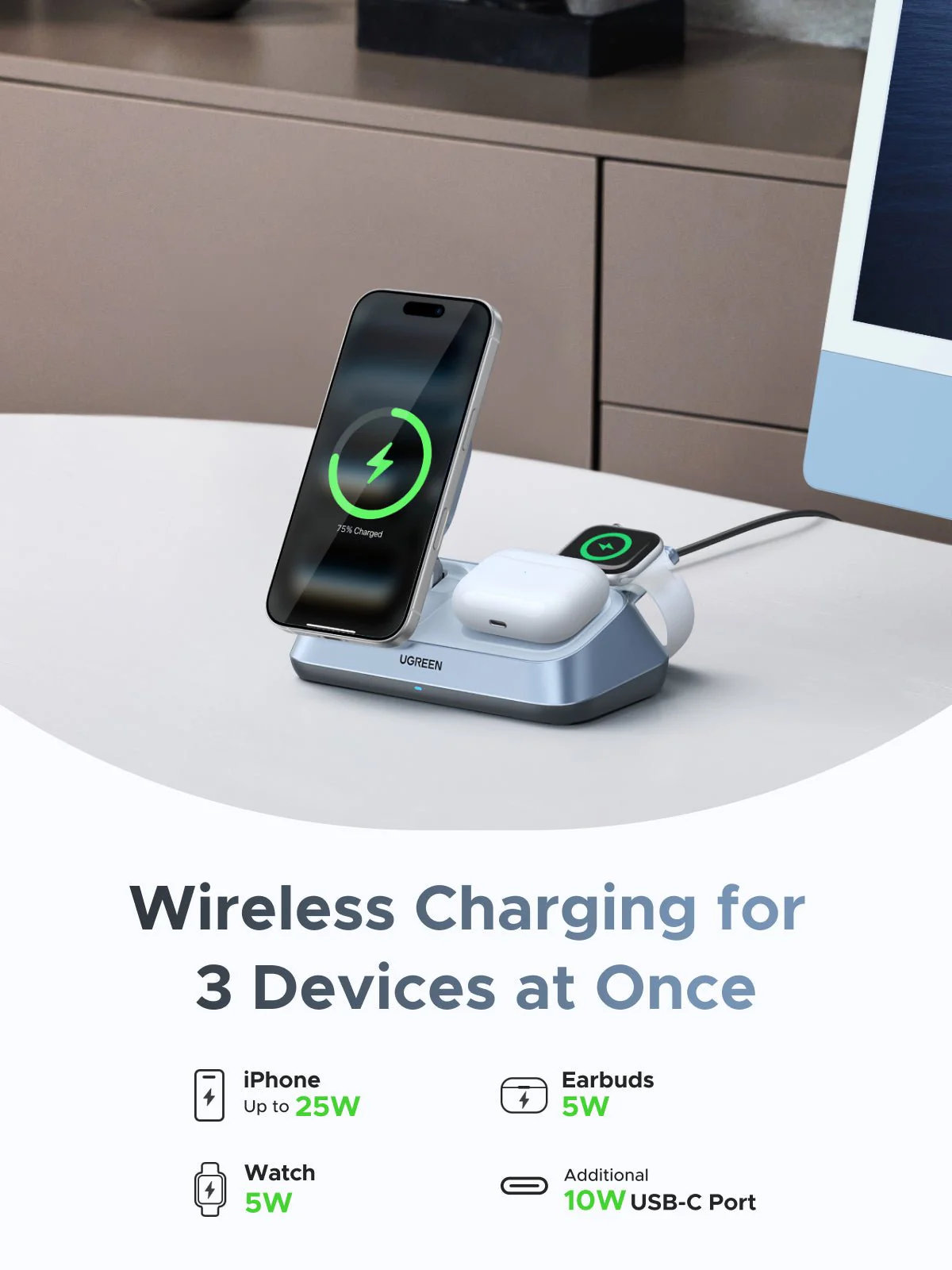 UGREEN MagFlow 3-in-1 Magnetic Wireless Desktop Charger (Qi2 25W, MagSafe-Compatible) - Image 4