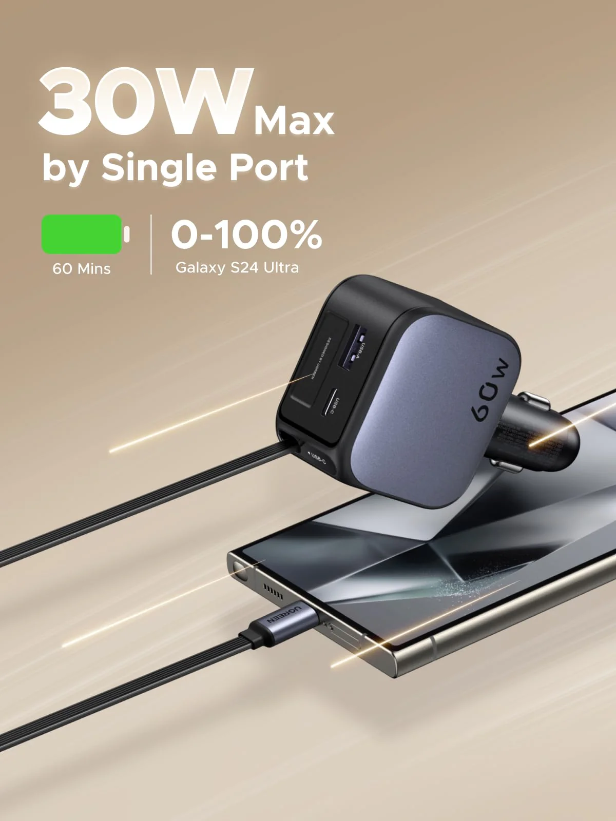 UGREEN Nexode Car Charger 60W with Retractable USB-C Cable - Image 3