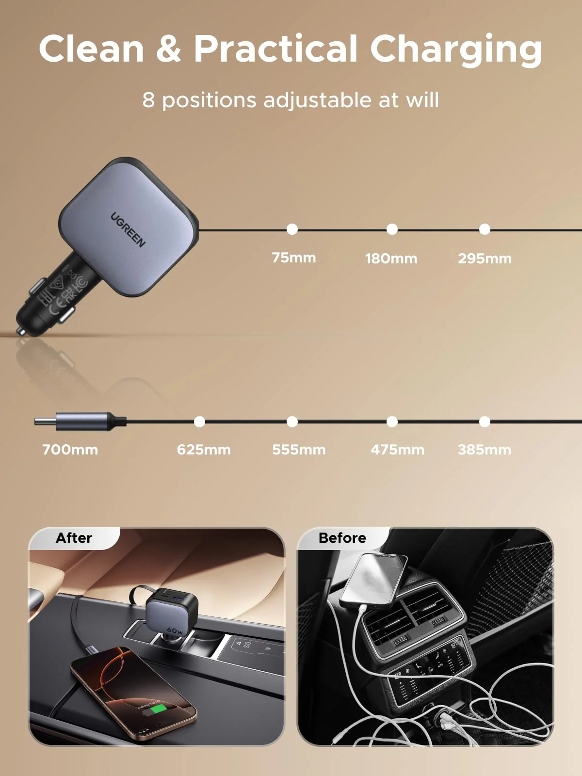 UGREEN Nexode Car Charger 60W with Retractable USB-C Cable - Image 6