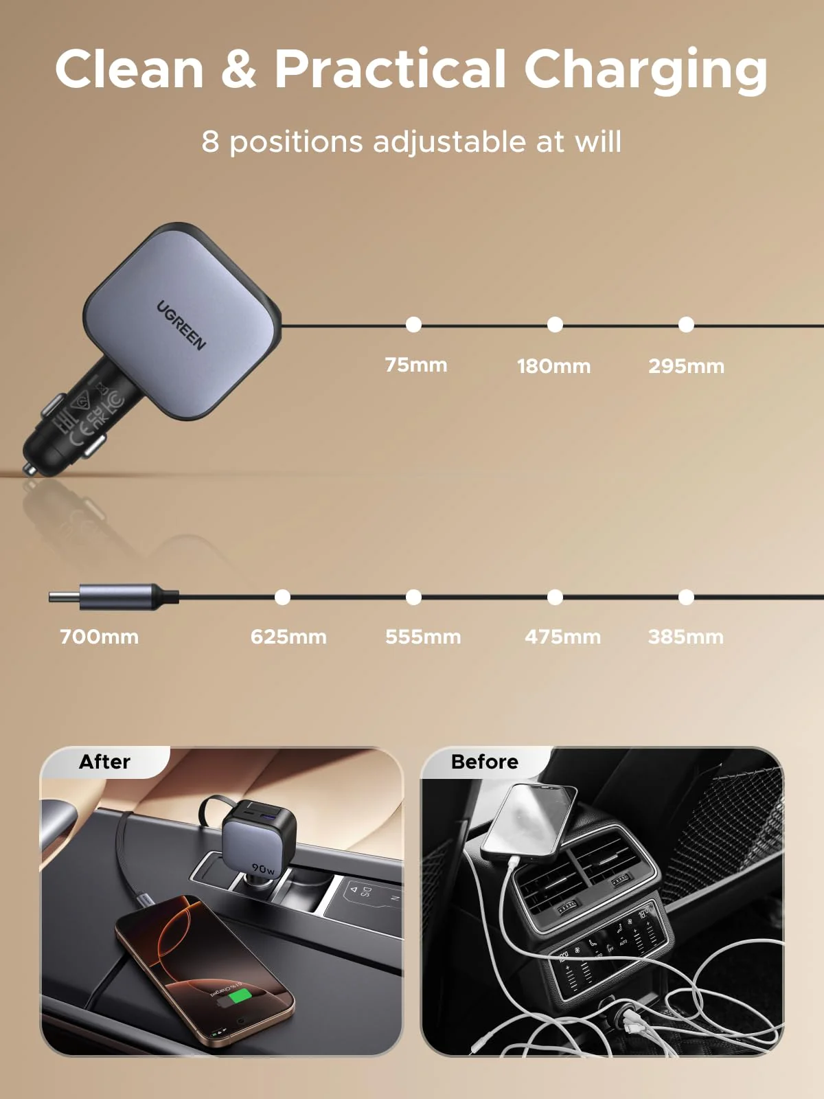 UGREEN Nexode Car Charger 90W with Retractable USB-C Cable - Image 5