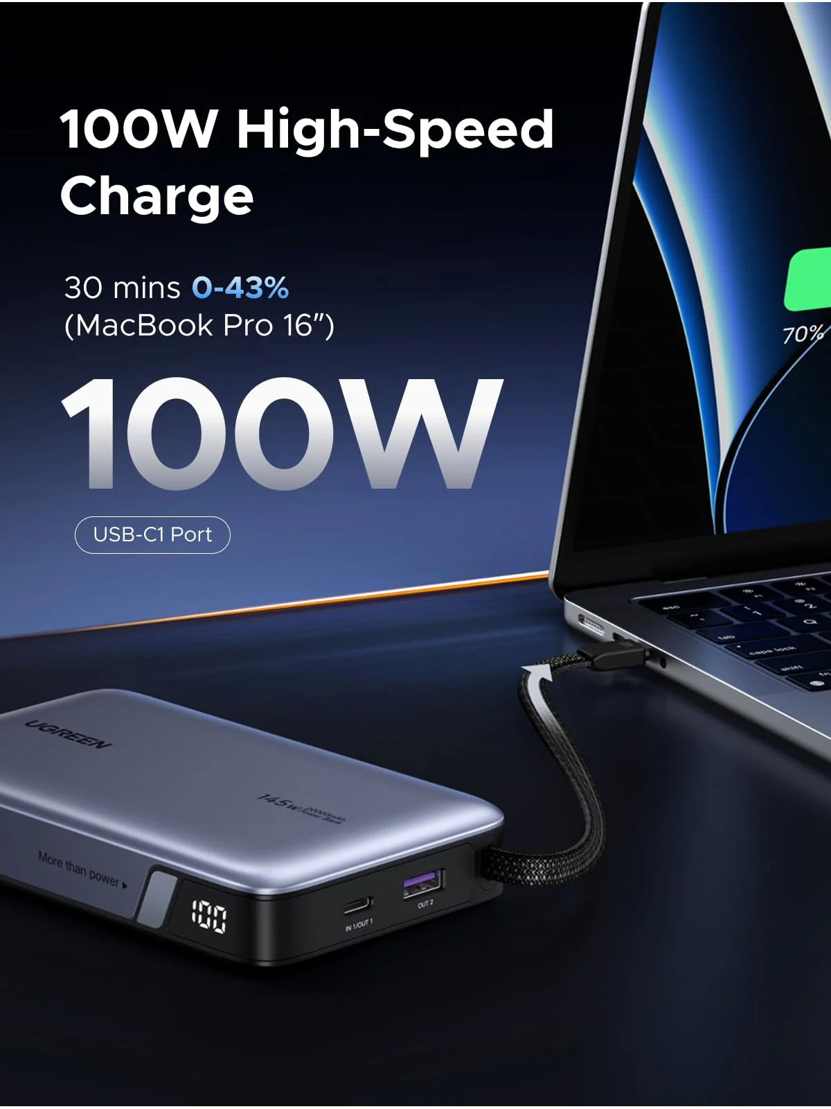UGREEN Nexode Power Bank (20000mAh, 145W, 3-Port, Built-in Cable) - Image 3