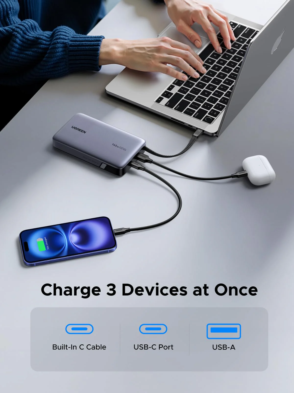 UGREEN Nexode Power Bank (20000mAh, 145W, 3-Port, Built-in Cable) - Image 7