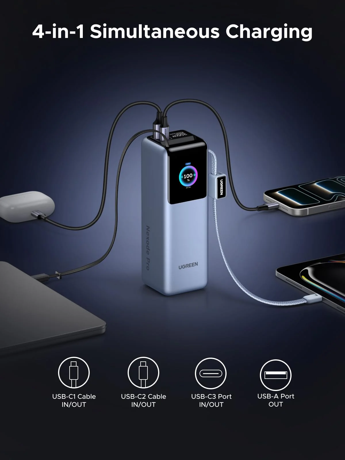 UGREEN Nexode Power Bank with Retractable Cable (25000mAh, 200W, 4 Ports) - Image 3