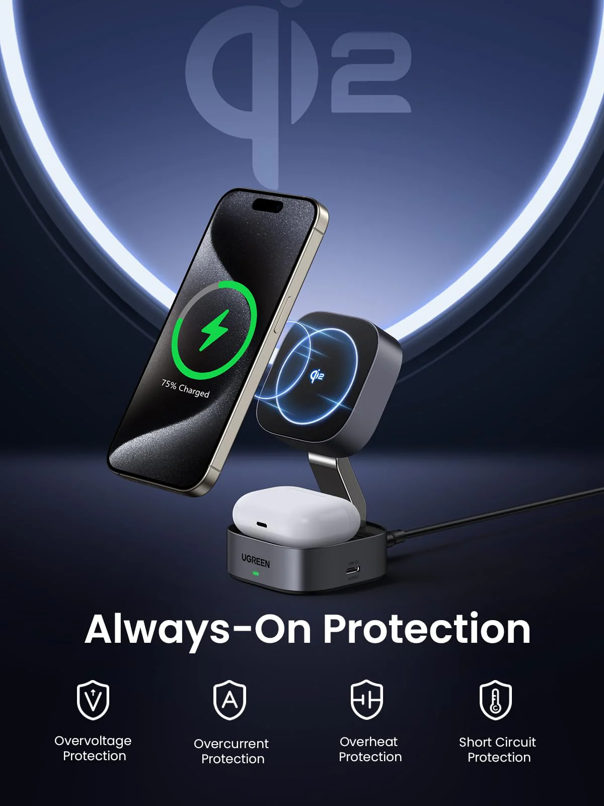 UGREEN MagFlow 2-in-1 Wireless Charger (Qi2 15W, MagSafe Compatible, Foldable) - Image 4
