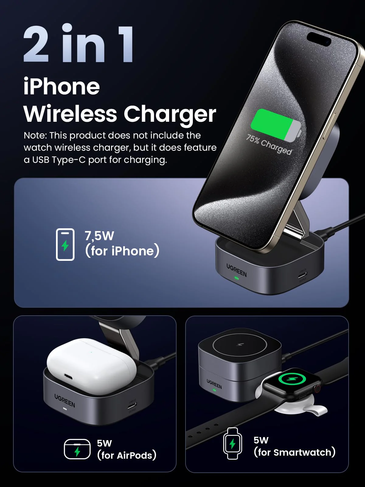 UGREEN MagFlow 2-in-1 Wireless Charger (Qi 15W, MagSafe Compatible, Foldable) - Image 3