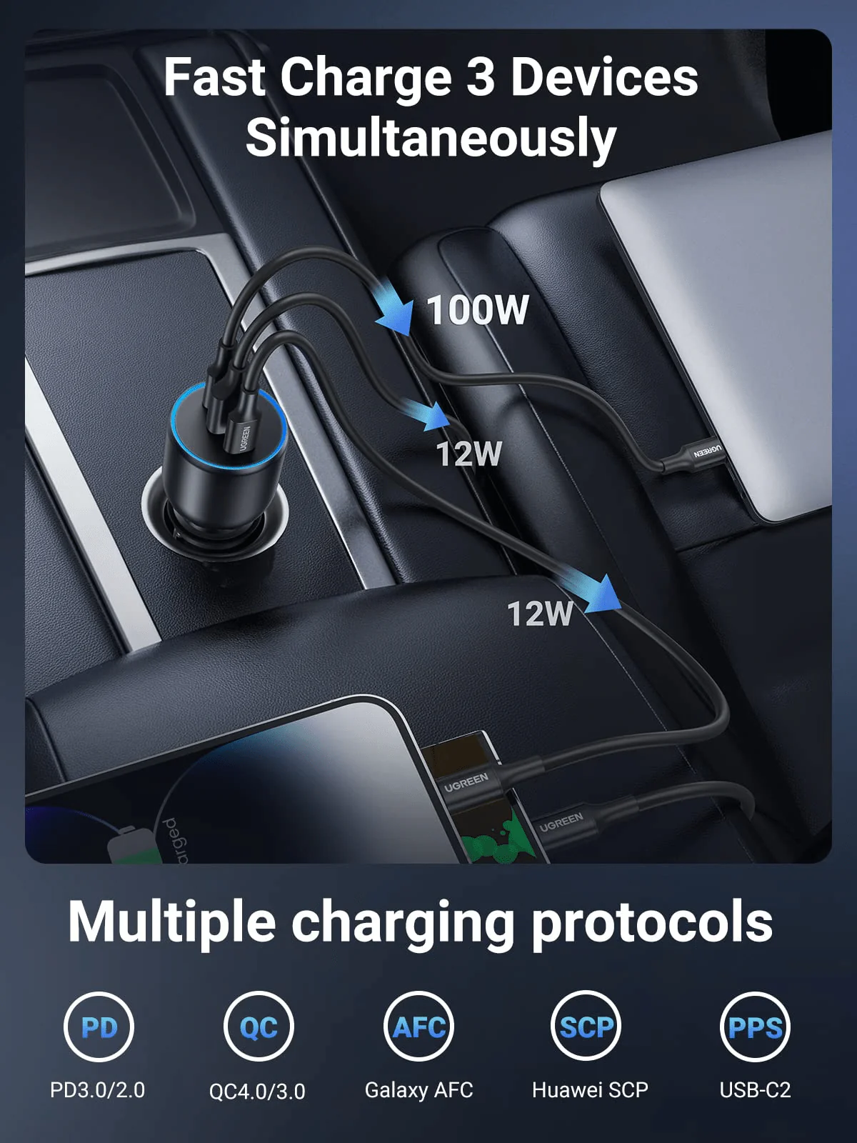 UGREEN 130W 3-Port PD 100W PD3.0/QC4.0/PPS Fast Car Charger - Image 3