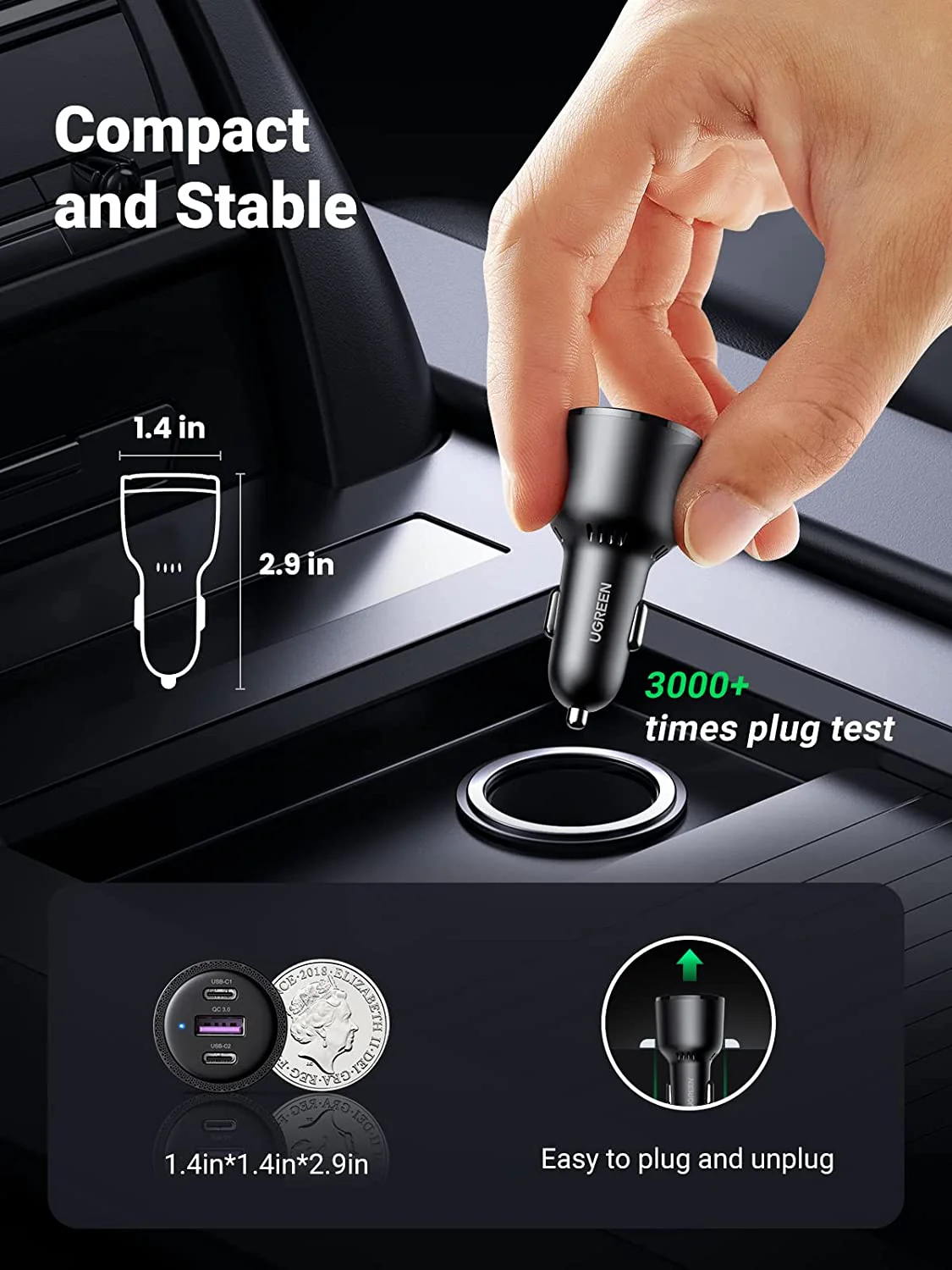 UGREEN USB C Car Charger 69W 3-Ports Cigarette Lighter - Image 4