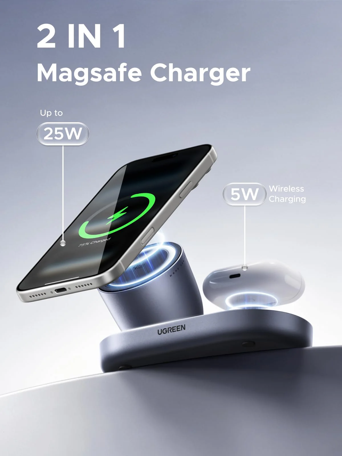 UGREEN Zapix 2-in-1 Magnetic Charger Stand (Qi2 25W, MagSafe Compatible) - Image 4