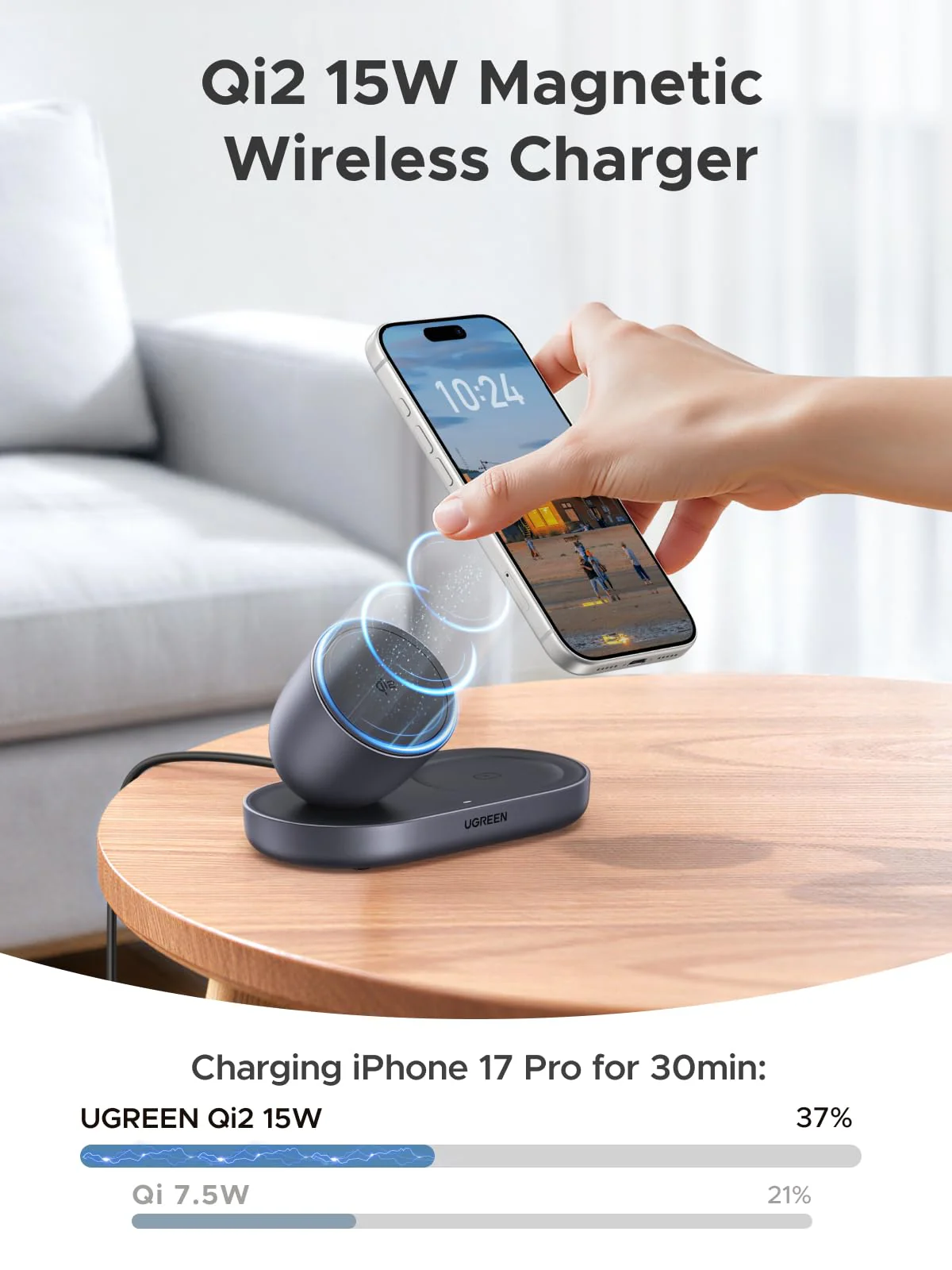 UGREEN Zapix Magnetic Wireless Charger (2-in-1, Qi2 15W, MagSafe Compatible) - Image 2