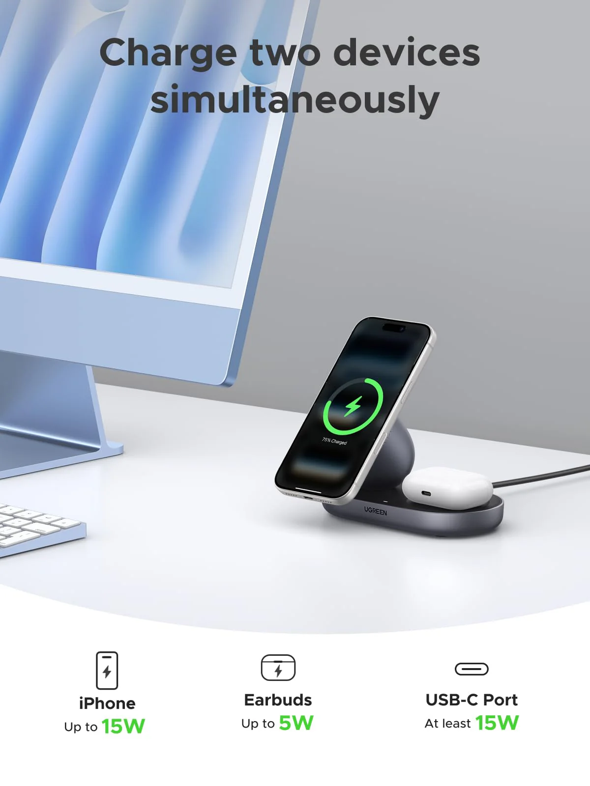 UGREEN Zapix Magnetic Wireless Charger (2-in-1, Qi2 15W, MagSafe Compatible) - Image 3
